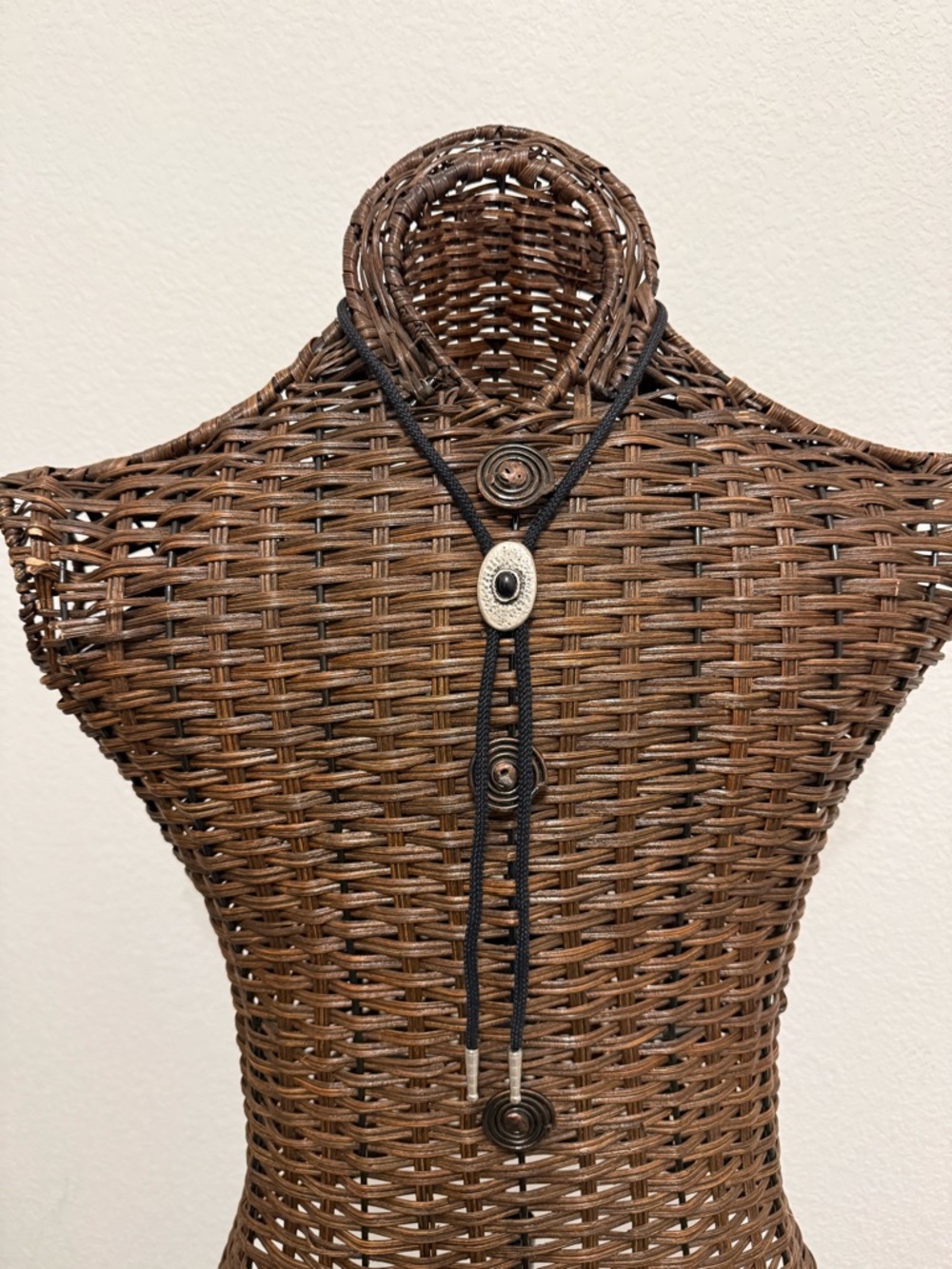 Western Style Bolo Tie with Decorative Conchos - Black Cord, Silver Accents